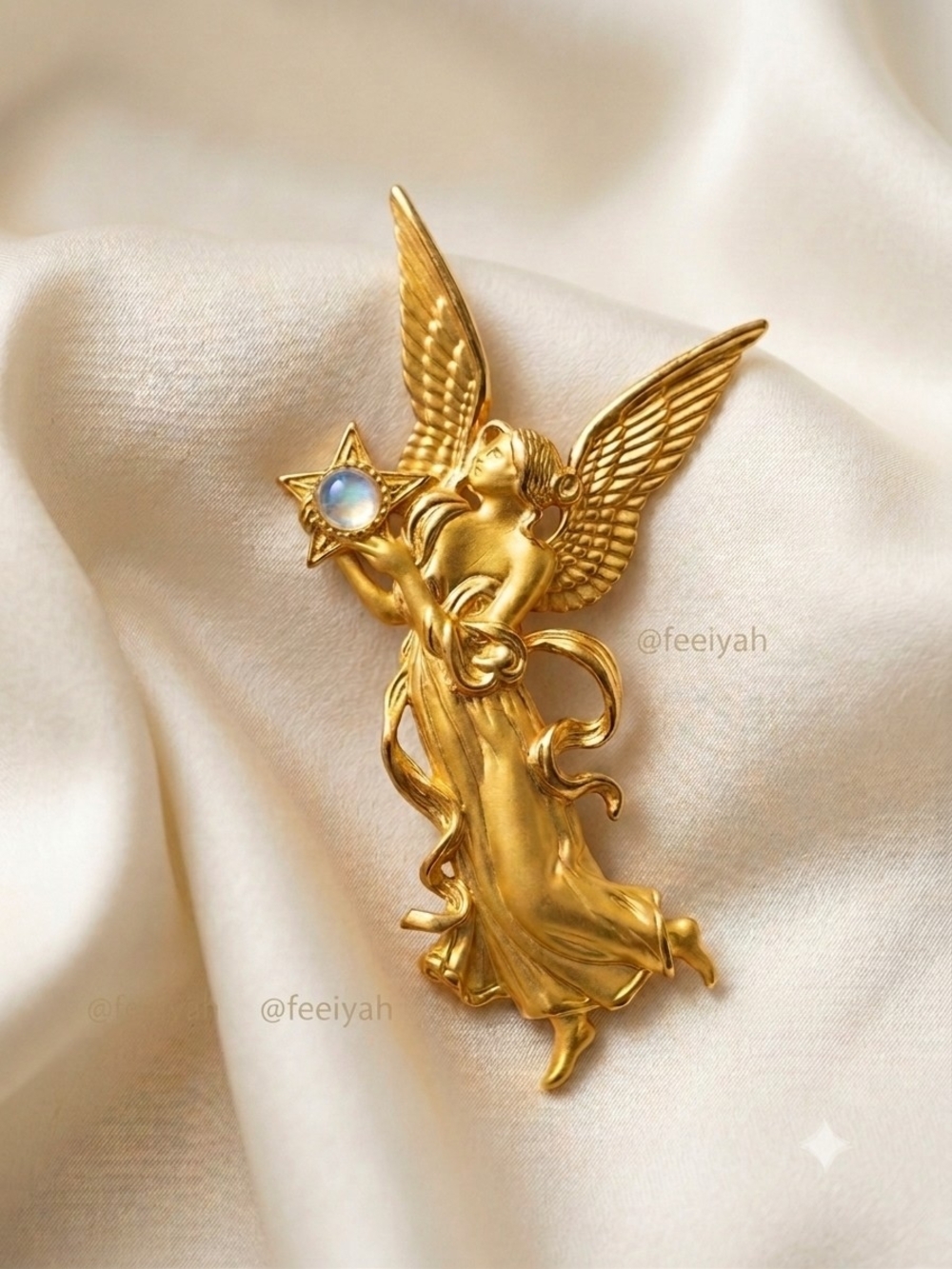 Vintage JJ- Gold Angel Wing Brooch with Moonstone Star Accent